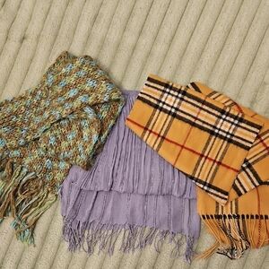 3 Scarf Bundle. Knit Multi Color. Gray With Metalic, Tan Burberry Plaid